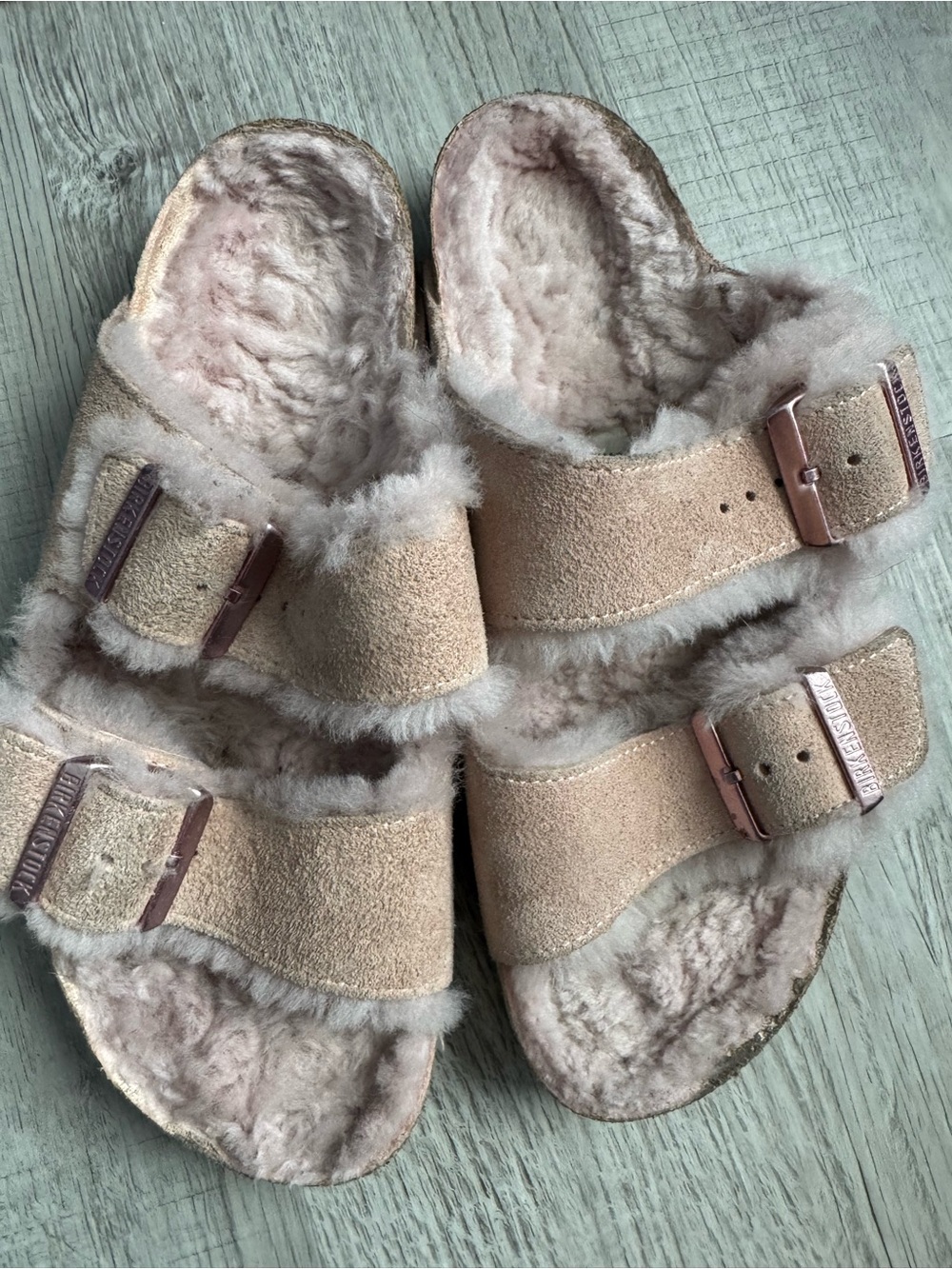 Birkenstock Women's Shearling Lined Double-Buckle Slides in Blush